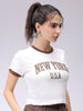 Women's White Slim Fit Typographic Cropped T-Shirt