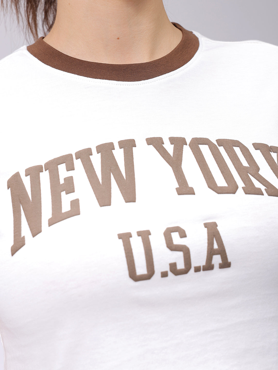 Women's White Slim Fit Typographic Cropped T-Shirt