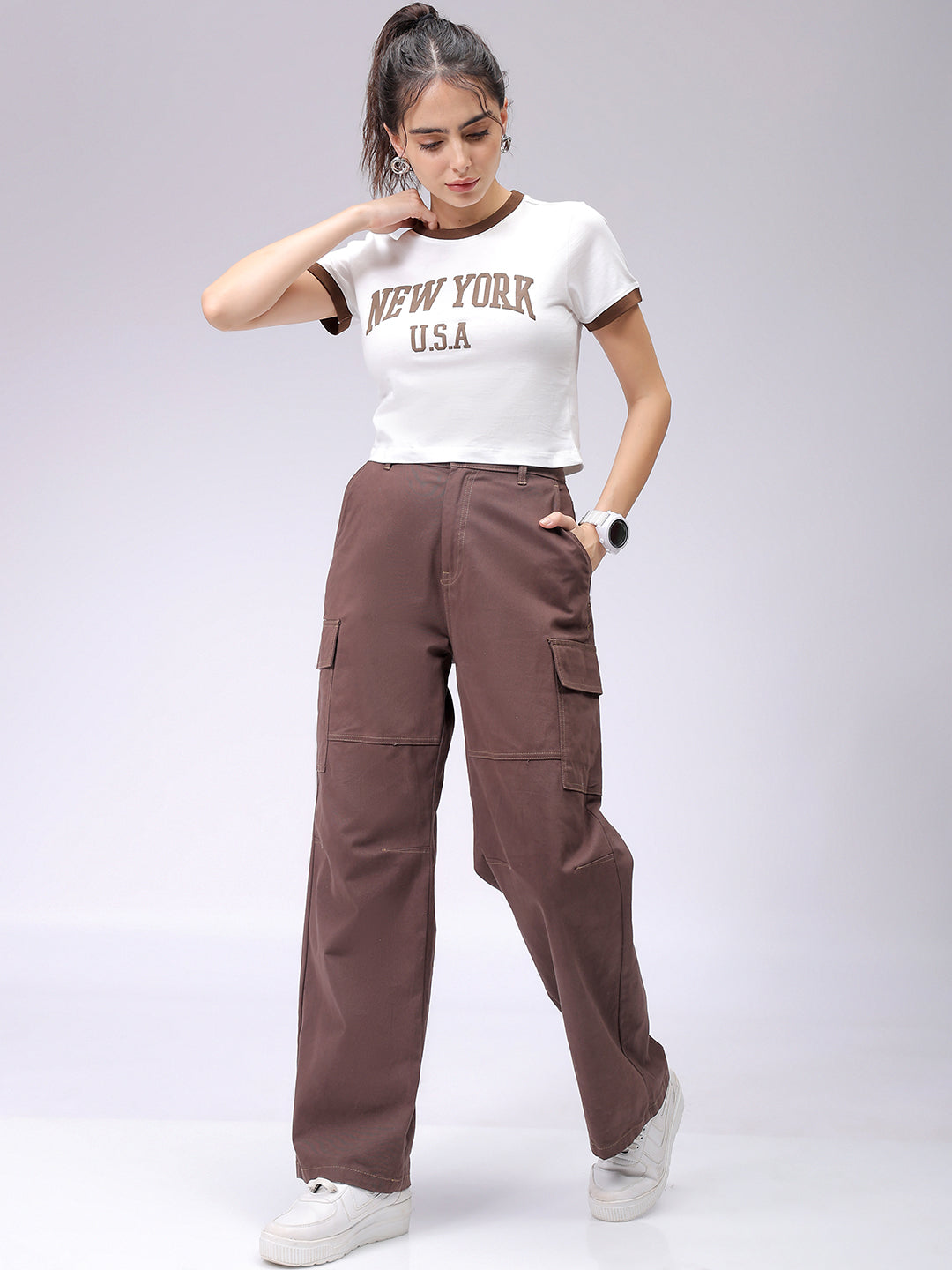 Women's White Slim Fit Typographic Cropped T-Shirt