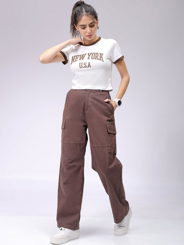 Women's White Slim Fit Typographic Cropped T-Shirt