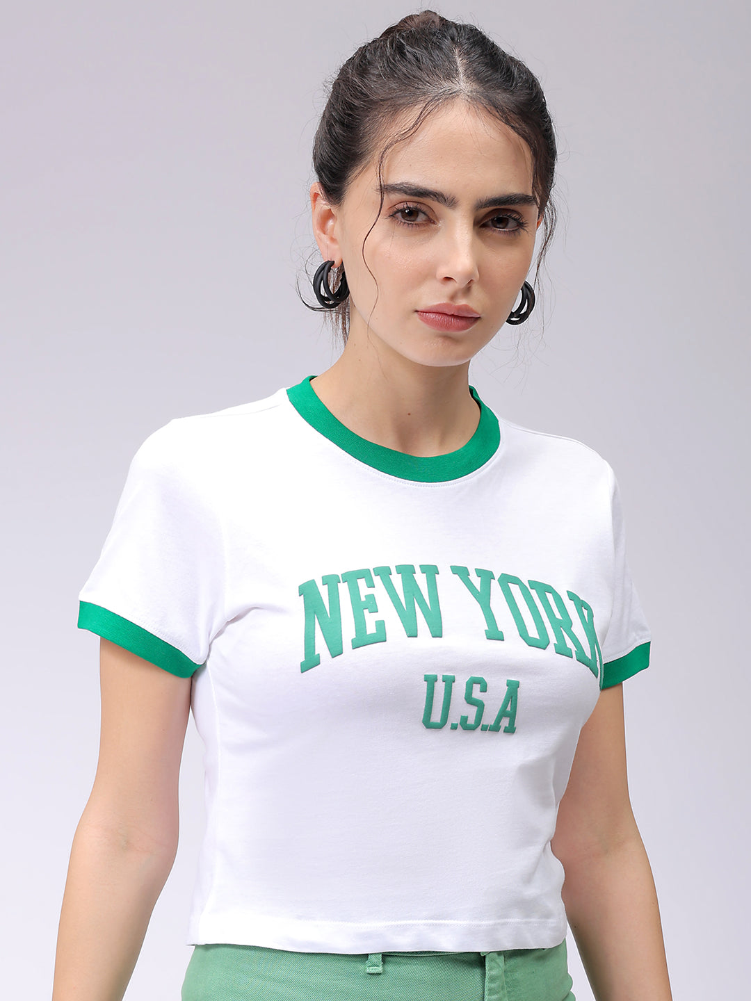 Women's White Slim Fit Typographic Cropped T-Shirt