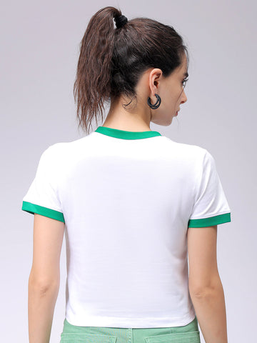 Women's White Slim Fit Typographic Cropped T-Shirt