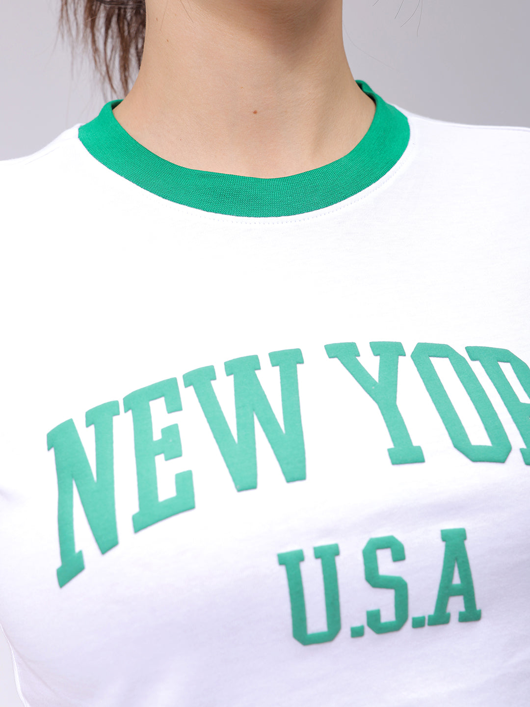 Women's White Slim Fit Typographic Cropped T-Shirt