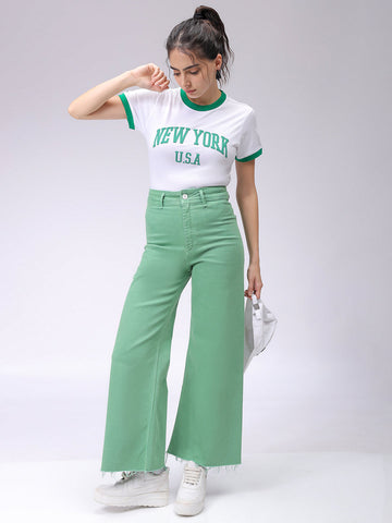 Women's White Slim Fit Typographic Cropped T-Shirt