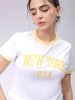 Women's White Slim Fit Typographic Cropped T-Shirt