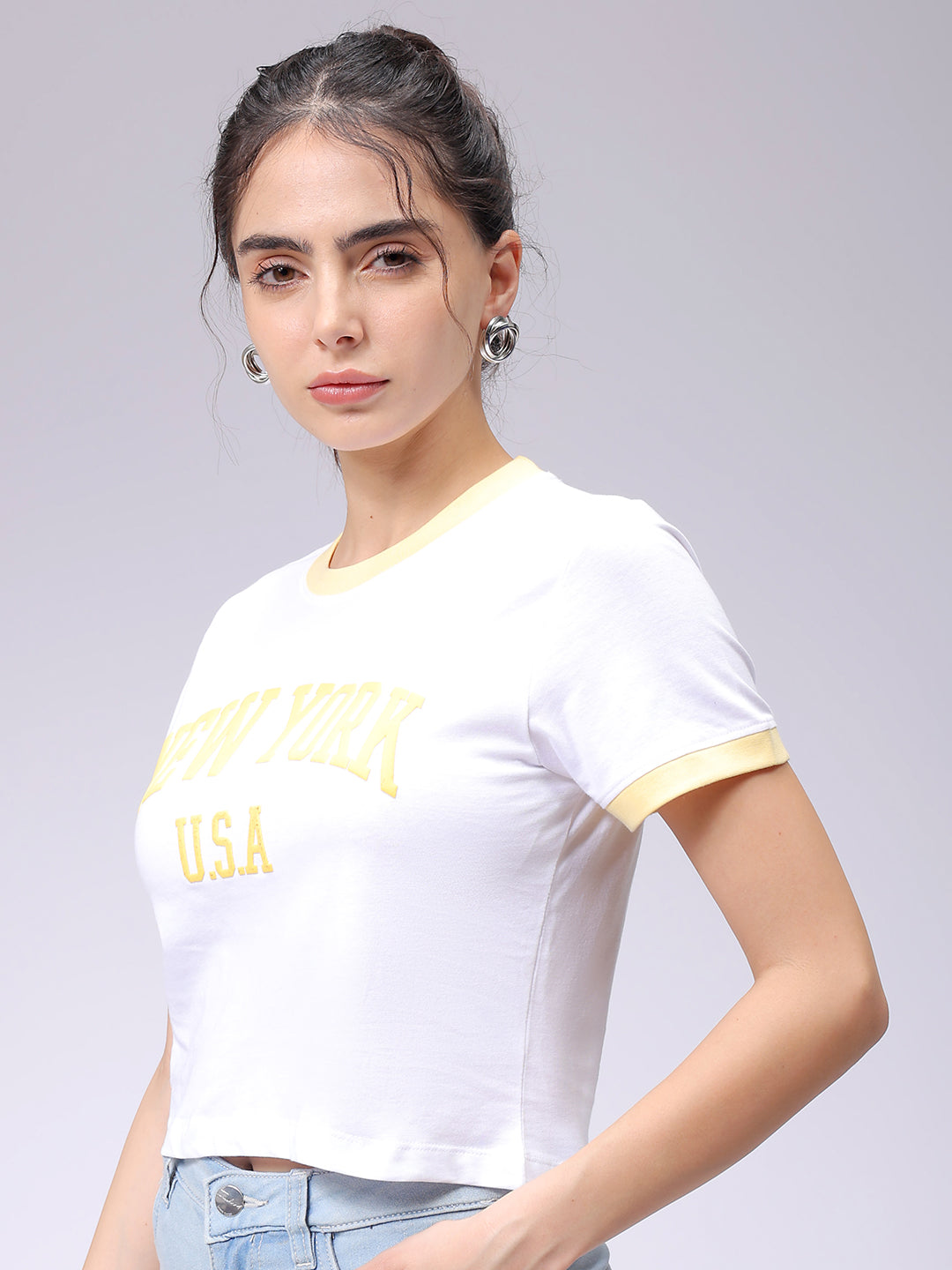 Women's White Slim Fit Typographic Cropped T-Shirt