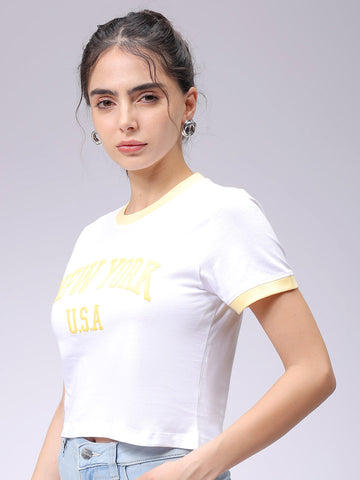 Women's White Slim Fit Typographic Cropped T-Shirt