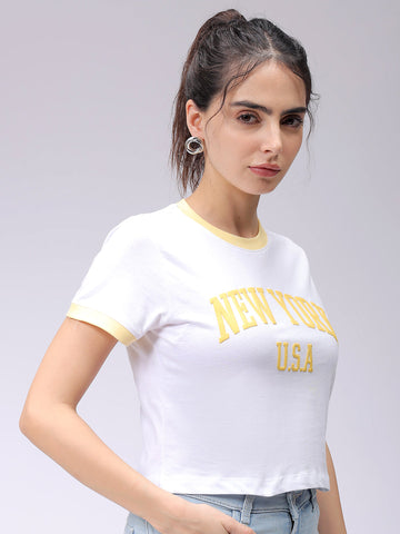 Women's White Slim Fit Typographic Cropped T-Shirt