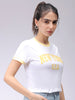 Women's White Slim Fit Typographic Cropped T-Shirt