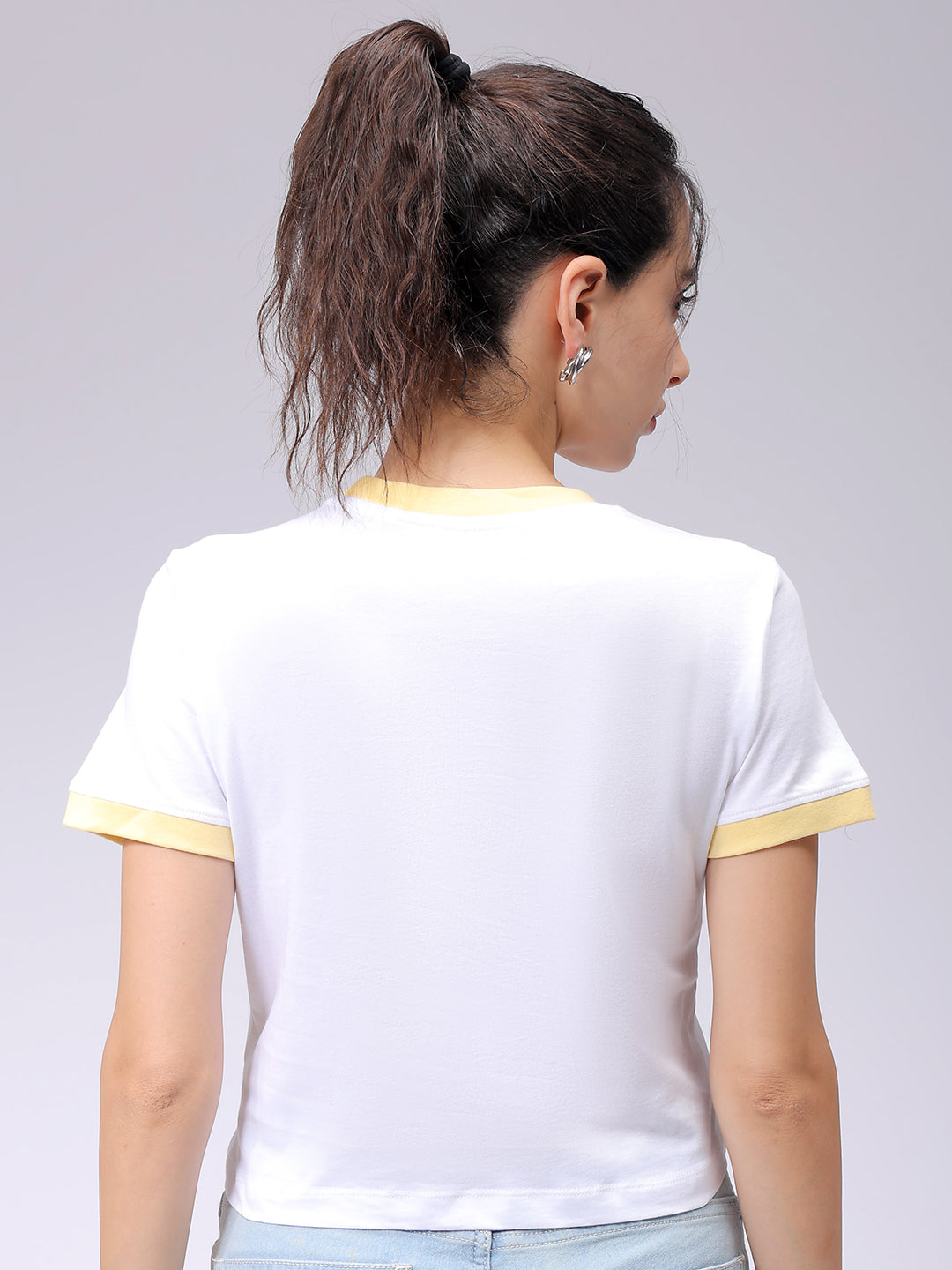 Women's White Slim Fit Typographic Cropped T-Shirt