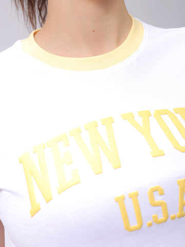 Women's White Slim Fit Typographic Cropped T-Shirt