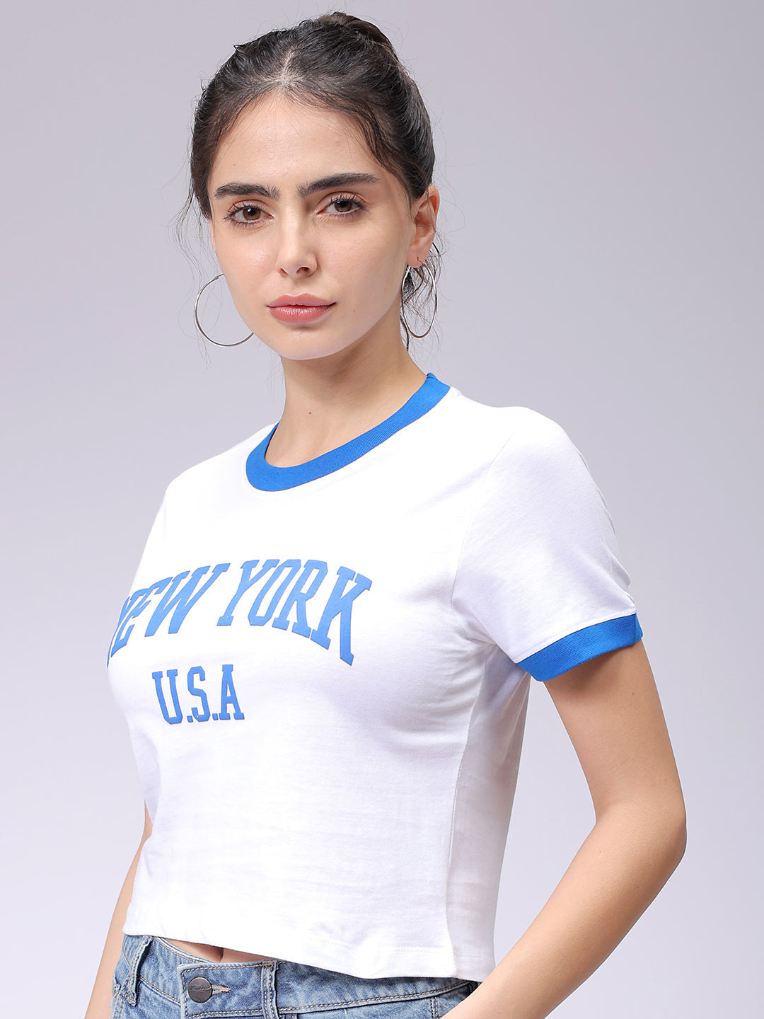 Women's White Slim Fit Typographic Cropped T-Shirt