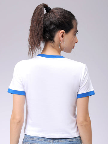 Women's White Slim Fit Typographic Cropped T-Shirt