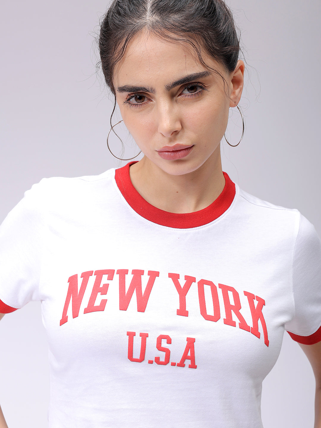 Women's White Slim Fit Typographic Cropped T-Shirt