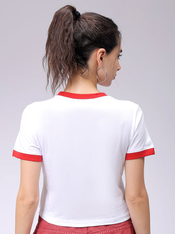 Women's White Slim Fit Typographic Cropped T-Shirt