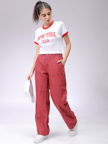 Women's White Slim Fit Typographic Cropped T-Shirt