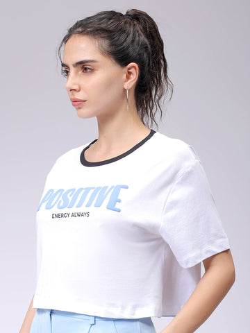 Women's White Relaxed Fit Typographic Crew Neck T-Shirt