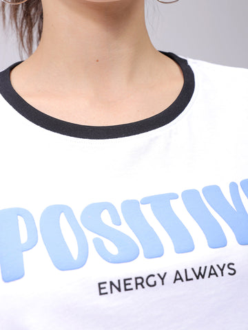 Women's White Relaxed Fit Typographic Crew Neck T-Shirt