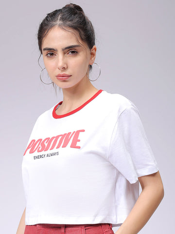 Women's White Relaxed Fit Typographic Crew Neck T-Shirt