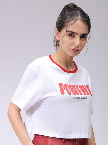 Women's White Relaxed Fit Typographic Crew Neck T-Shirt