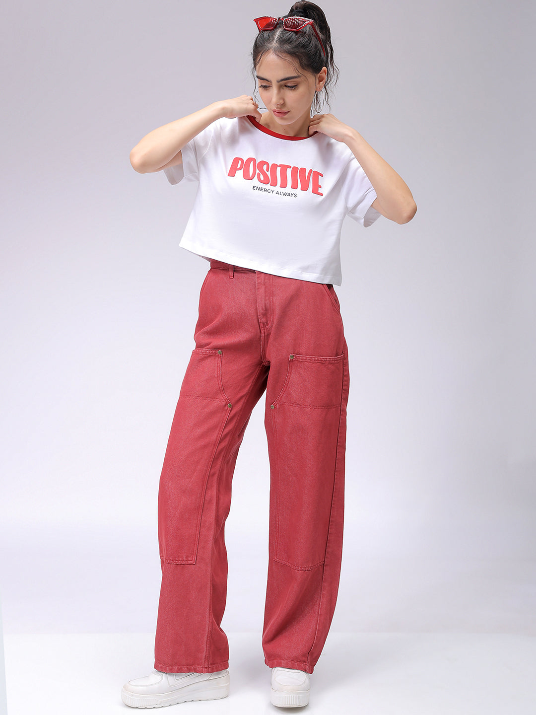 Women's White Relaxed Fit Typographic Crew Neck T-Shirt