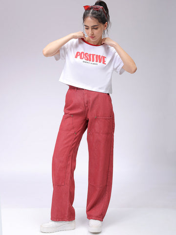 Women's White Relaxed Fit Typographic Crew Neck T-Shirt