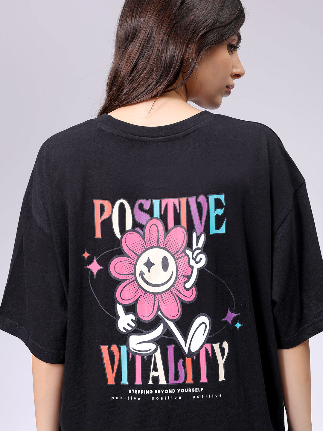 Women's Black Relaxed Fit Typographic T-Shirt