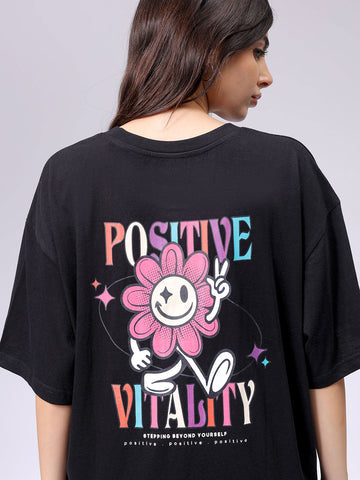 Women's Black Relaxed Fit Typographic T-Shirt