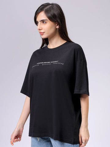 Women's Black Relaxed Fit Typographic T-Shirt