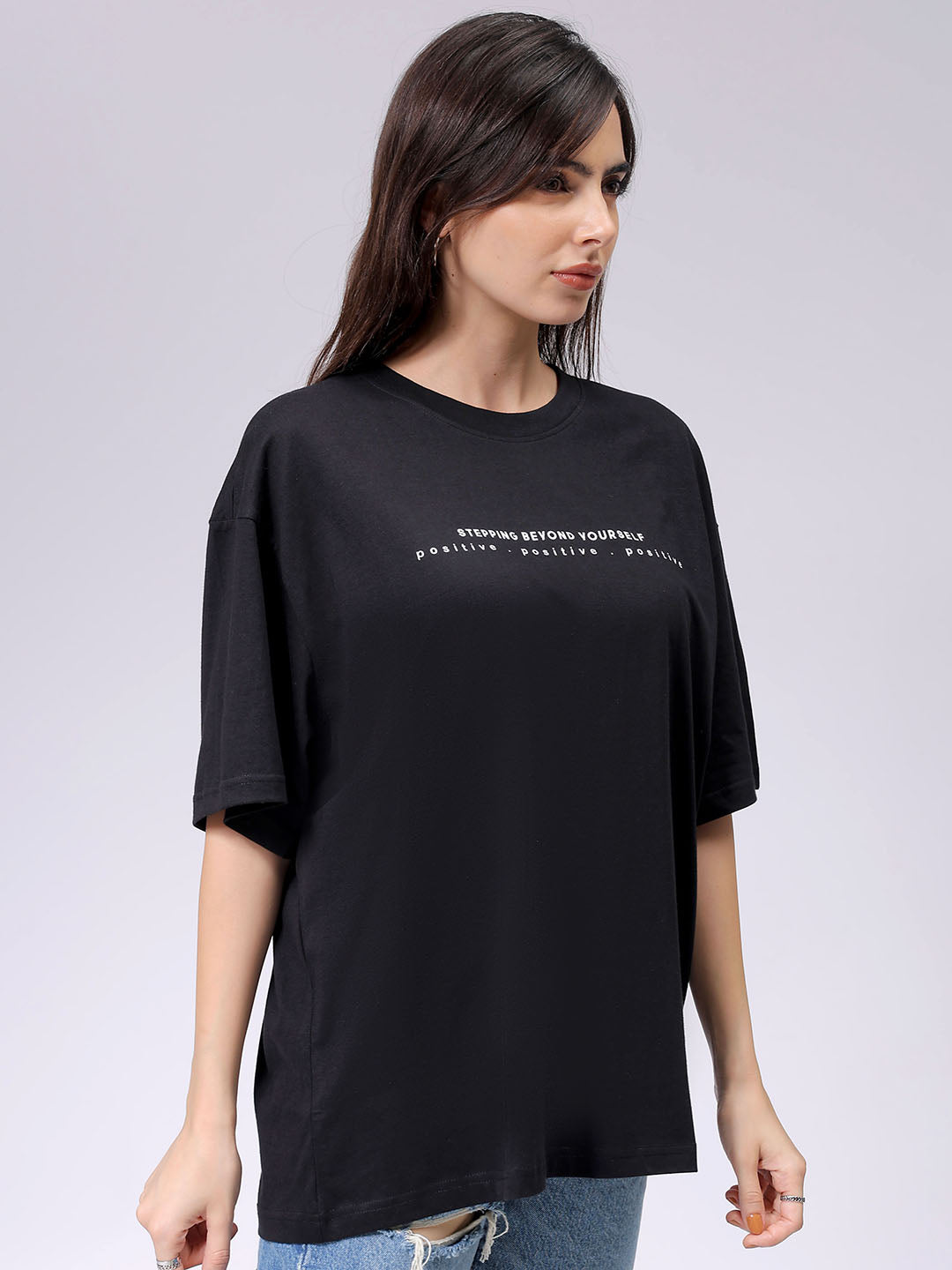 Women's Black Relaxed Fit Typographic T-Shirt