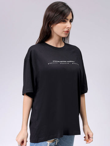 Women's Black Relaxed Fit Typographic T-Shirt