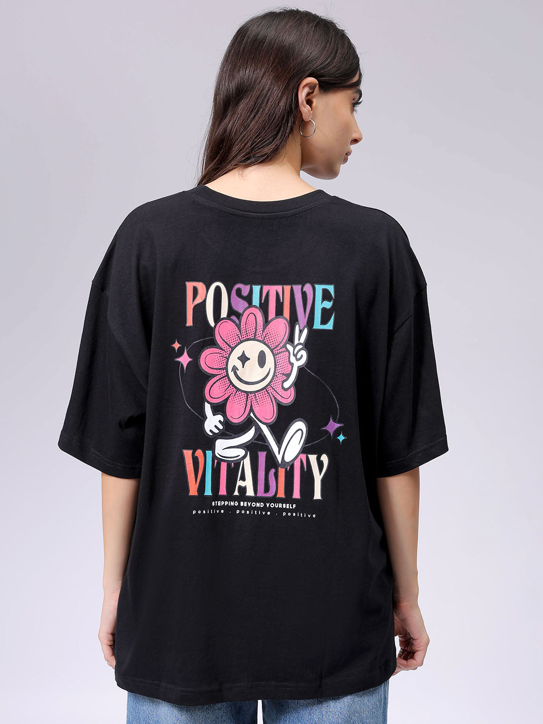 Women's Black Relaxed Fit Typographic T-Shirt