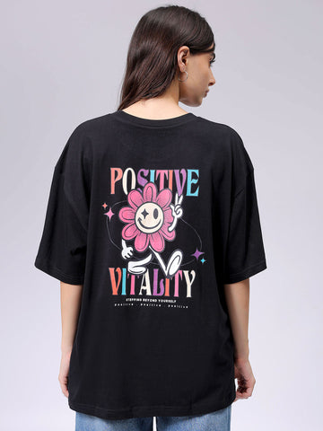Women's Black Relaxed Fit Typographic T-Shirt