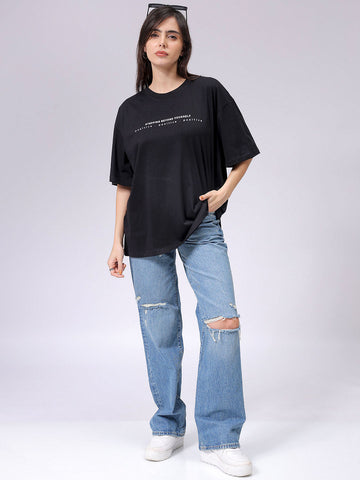 Women's Black Relaxed Fit Typographic T-Shirt