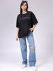 Women's Black Relaxed Fit Typographic T-Shirt