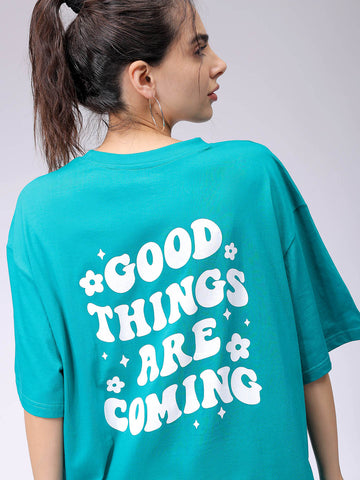 Women's Teal Backprinted Oversized T-Shirt