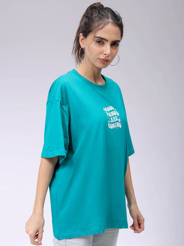 Women's Teal Backprinted Oversized T-Shirt