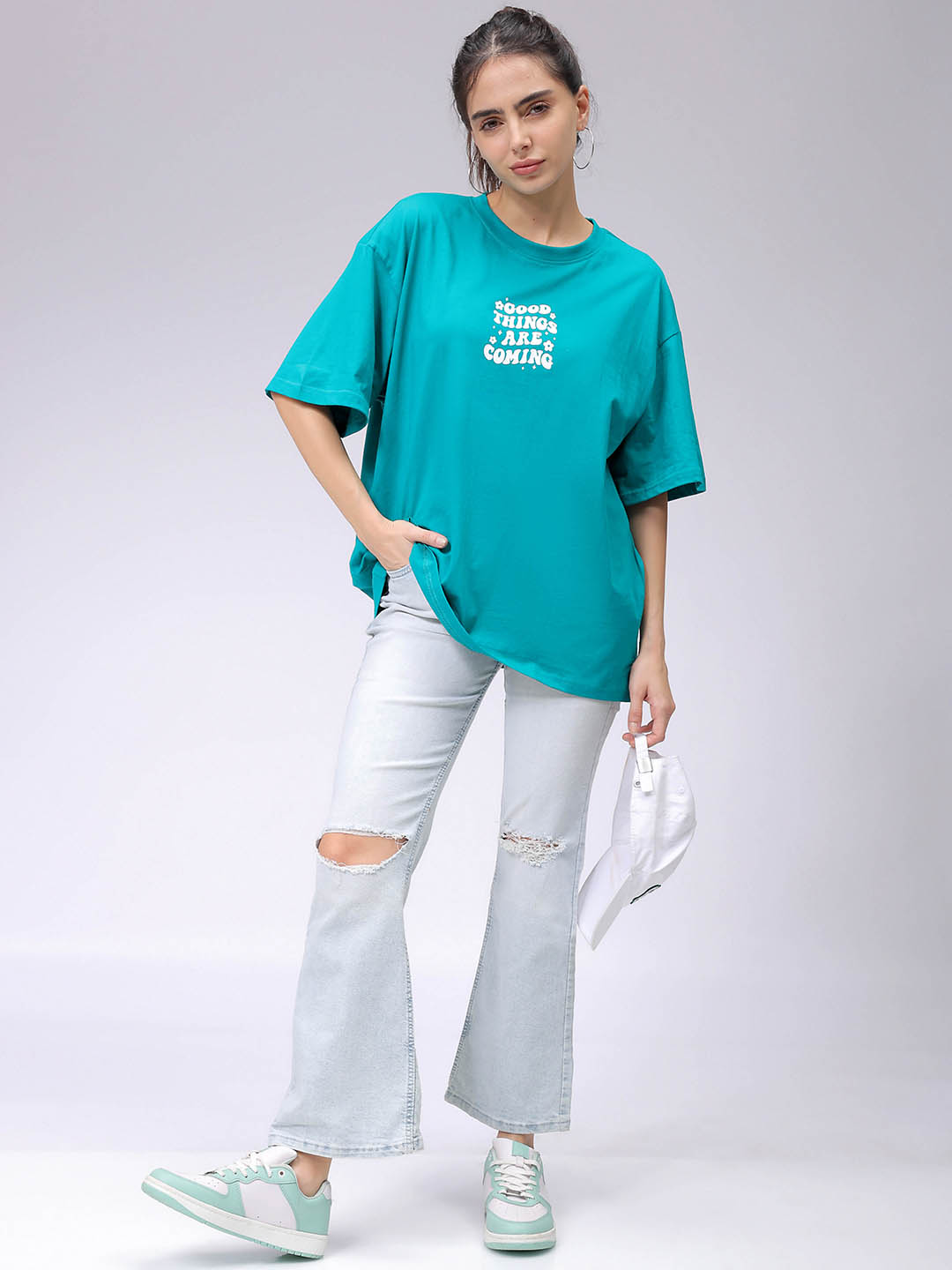 Women's Teal Backprinted Oversized T-Shirt