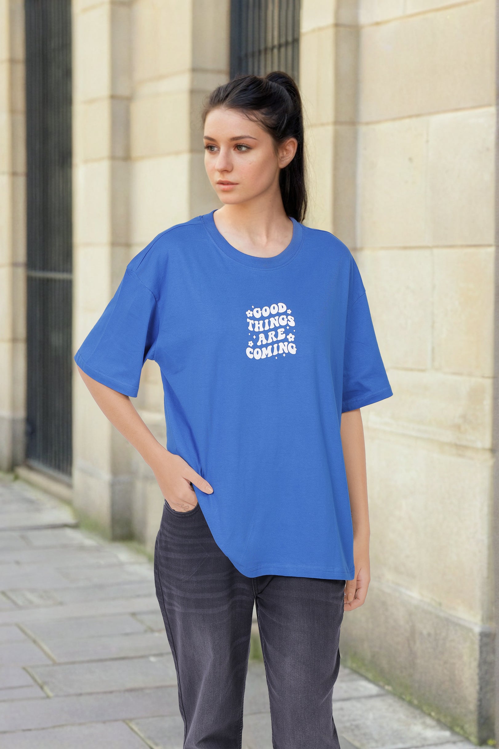 Freehand Women Regular Fit Typographic Oversized T-Shirt