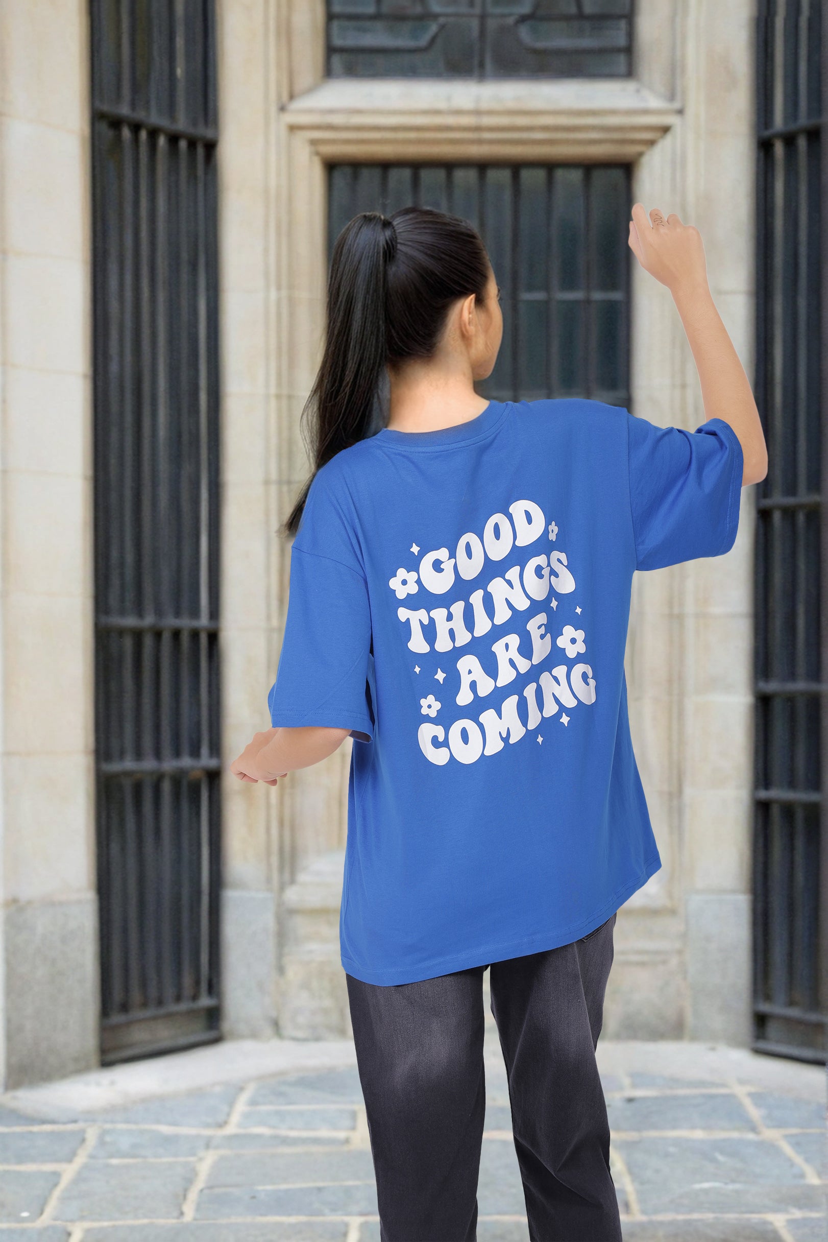 Freehand Women Regular Fit Typographic Oversized T-Shirt