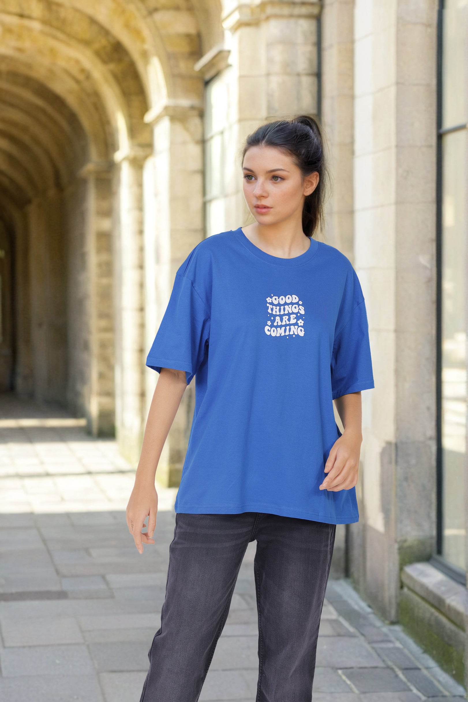 Freehand Women Regular Fit Typographic Oversized T-Shirt