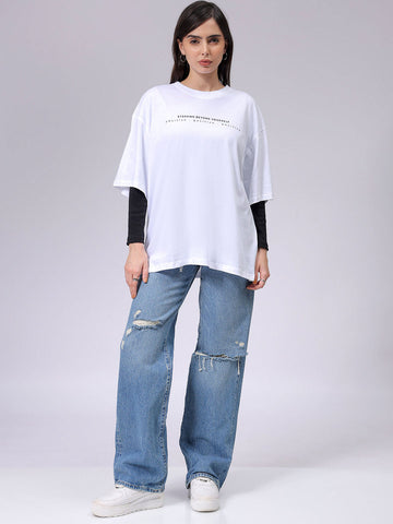 Women's White Regular Fit Typographic T-Shirt