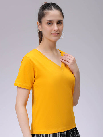 Women's Mustard Regular Fit Solid T-Shirt