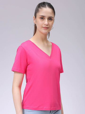 Women's Pink Regular Fit Solid T-Shirt