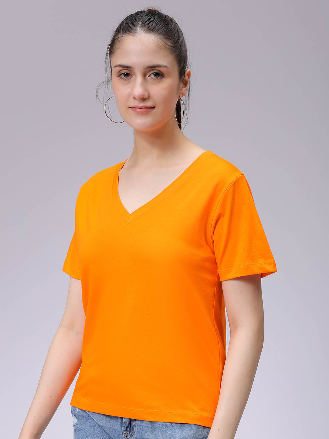 Women's Orange Regular Fit Solid T-Shirt