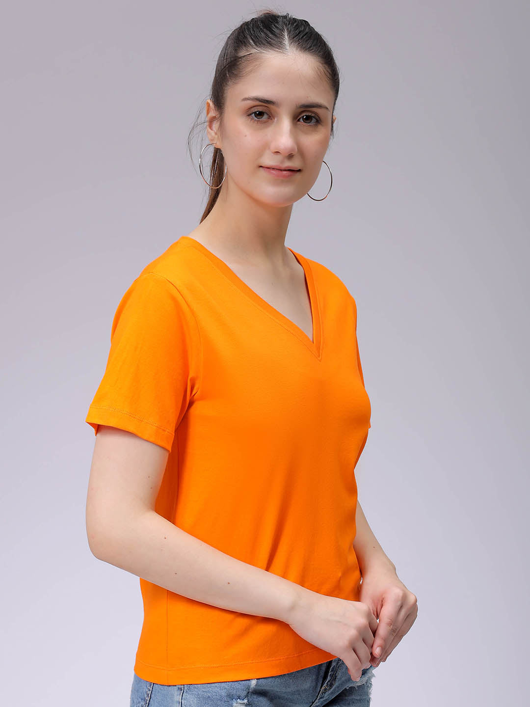 Women's Orange Regular Fit Solid T-Shirt