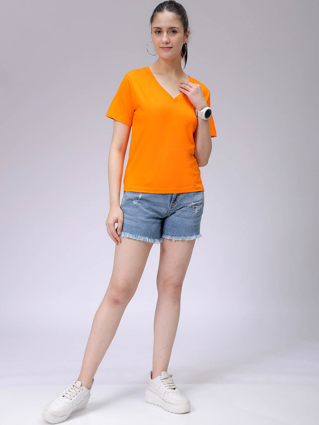 Women's Orange Regular Fit Solid T-Shirt