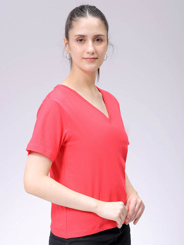 Women's Red Regular Fit Solid T-Shirt