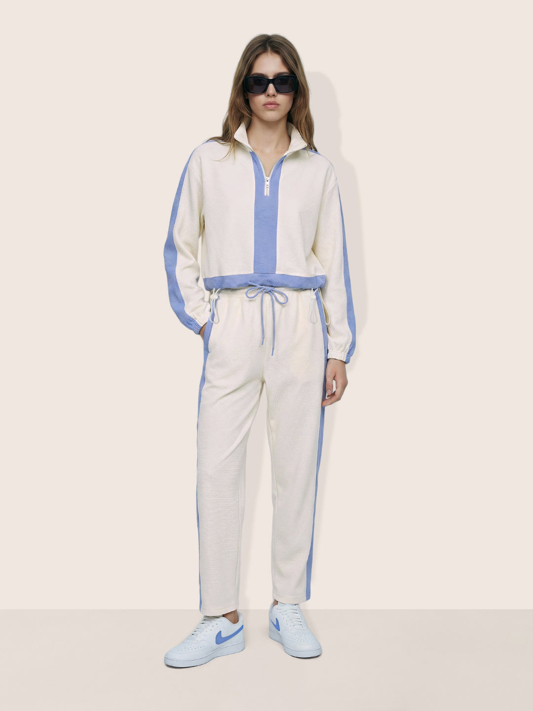 Women's Cream Relaxed Fit Colourblocked Casual Coordinates