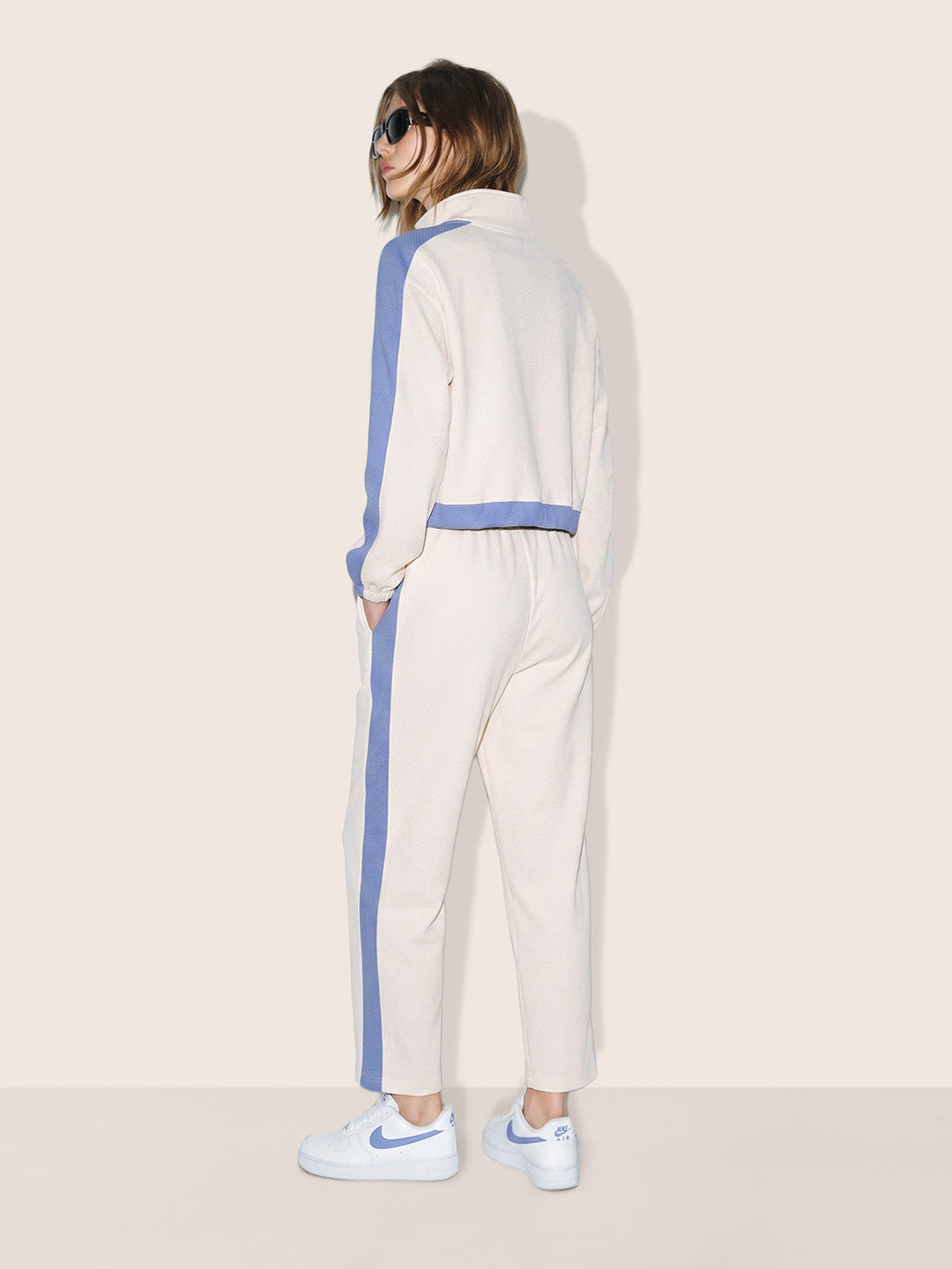 Women's Cream Relaxed Fit Colourblocked Casual Coordinates